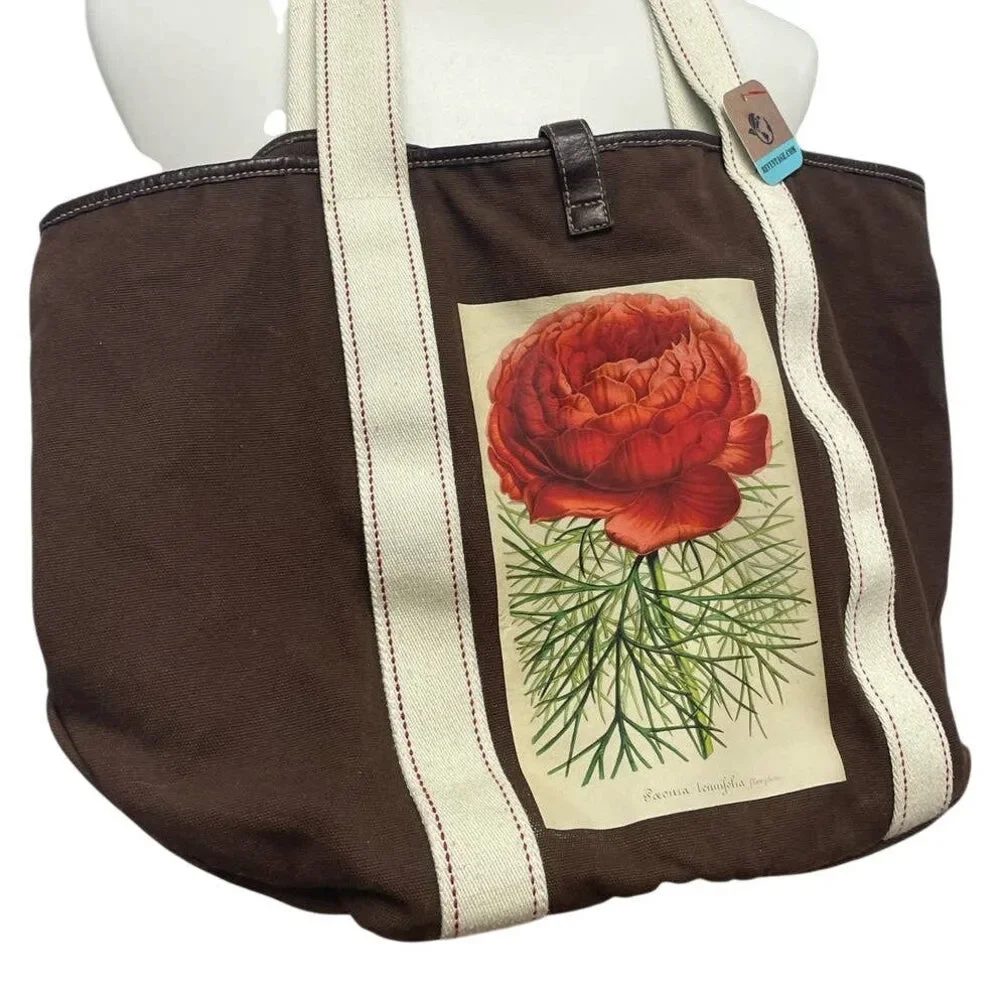 Hand Printed Upcycled Red Peony Flower Brown Canvas Cotton Tote Bag Purse